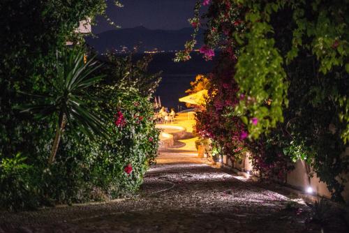 a street with plants and flowers at night at Bougainville Bay Apartments in Sarandë