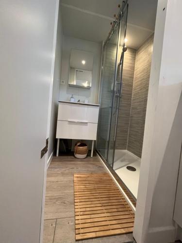 une salle de bain avec douche et lavabo dans l'établissement Mobil-home Camping Oasis, à Roquebrune-sur Argens
