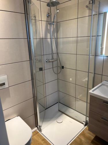 La salle de bains est pourvue d'une douche, de toilettes et d'un lavabo. dans l'établissement Woltorfer Landkrug, à Peine