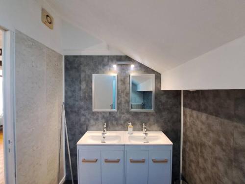 uma casa de banho com 2 lavatórios e um espelho em Detroit, charmante maison em Reims