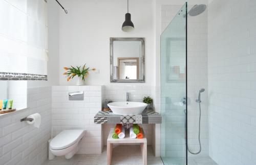 a bathroom with a sink and a glass shower at Villa Millennium in Balatonalmádi