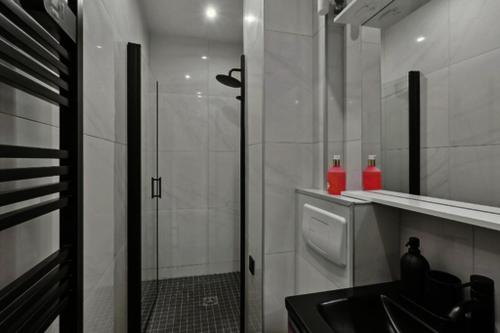 La salle de bains est pourvue d'une douche, d'un lavabo et d'un comptoir. dans l'établissement 336 Mila Suite - Charming Parisian apartment, à Vanves