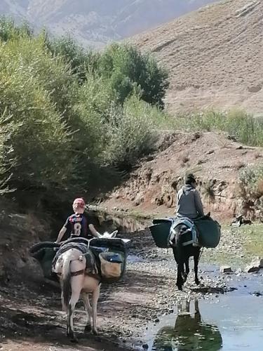 two people on horseback walking down a dirt road with two people on horses at Gite chez Ali Agouti Maison Berbère in Agouti