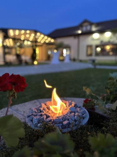 a fire pit in a yard with a house in the background at Kovač Residence in Zrenjanin