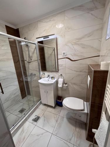 a bathroom with a shower and a toilet and a sink at Kovač Residence in Zrenjanin