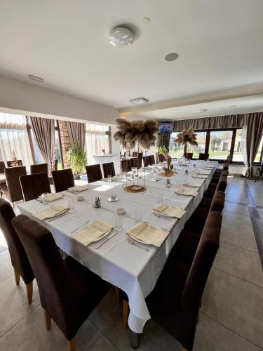 a long dining room with a long table with chairs at Kovač Residence in Zrenjanin