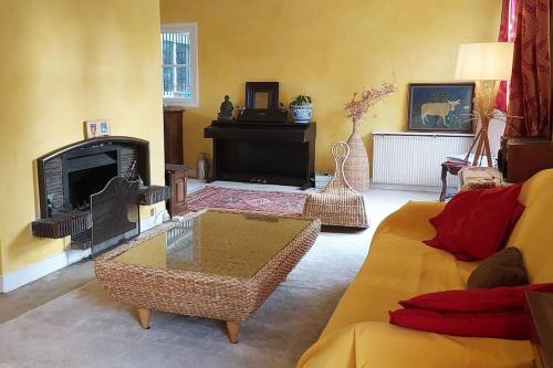 sala de estar con sofá y chimenea en Maison dans parc privé (JO 2024), en La Celle-Saint-Cloud