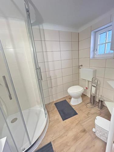 a bathroom with a shower and a toilet at Apartment don bosco in Graz