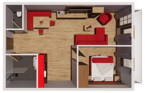 a floor plan of a tiny house with red furniture at Ferienclub Bellevue am See in Walchsee