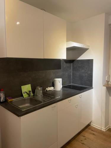 una cucina con armadi bianchi e lavandino di 24-7 Stadthotel Stuttgart a Stoccarda