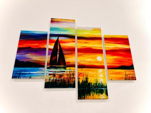 a painting of a sailboat in the sunset at Serene Bliss Villa in Unawatuna