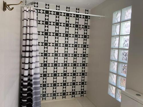 baño con cortina de ducha en blanco y negro en Casa frente al mar en Villaricos, en Villaricos