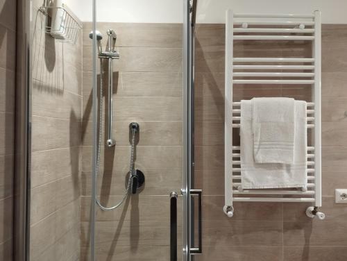 e bagno con doccia e asciugamano sullo scaffale. di Bel appartement dans la campagne étrusque a Vignanello