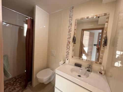 een badkamer met een toilet, een wastafel en een spiegel bij Balcon des îles d'Or. T2 front de mer plein-centre in Le Lavandou