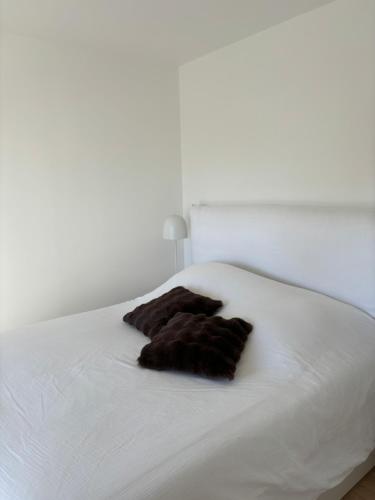 - un lit blanc avec 2 oreillers bruns dans l'établissement La maison de Julia - Piscine privée, à Saint-Martin-des-Champs