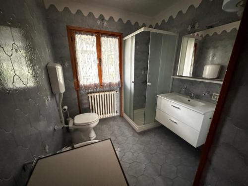 La salle de bains est pourvue de toilettes, d'un lavabo et d'un miroir. dans l'établissement Appartamento Casa Vapi, à Pievepelago