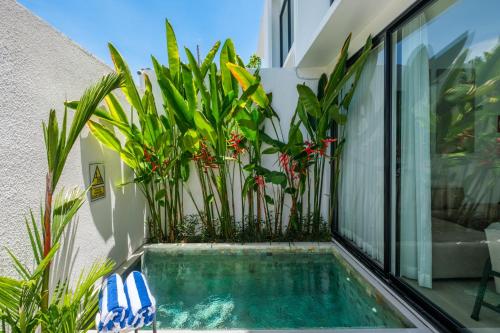 a swimming pool in front of a house with plants at Oasis Smart Villa 3 Canggu in Canggu