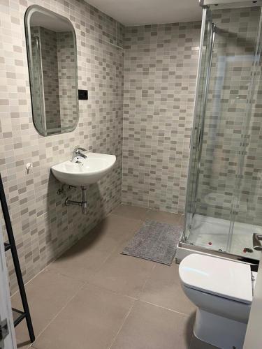 a bathroom with a sink and a shower and a toilet at Modular Suites Alfonso Gómez in Madrid