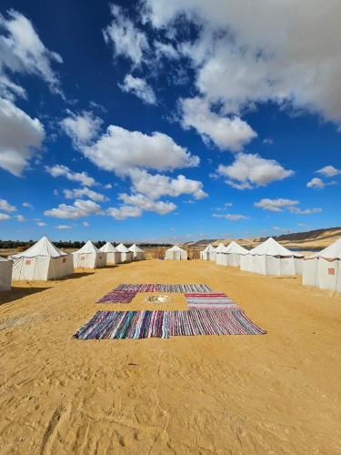 a large rug in the middle of a desert with tents at flamingo camp in Dār as Salām