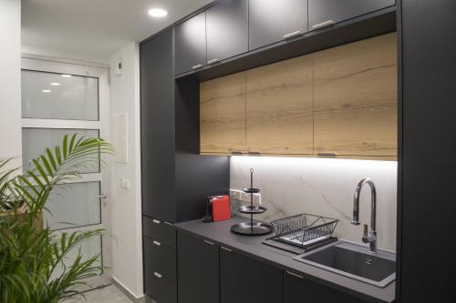 a kitchen with black cabinets and a sink at STAY Urban Skin Suite in Nicosia