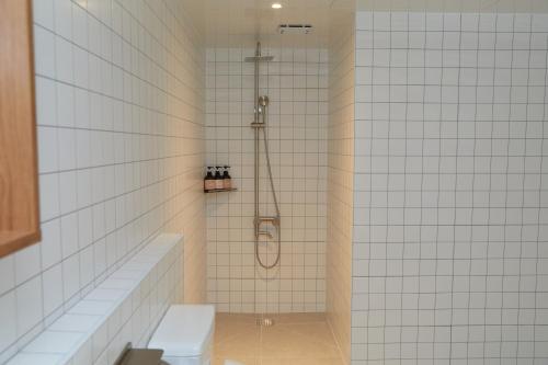 La salle de bains est pourvue d'une douche et de toilettes. dans l'établissement Aank Hotel Suwon, à Suwon