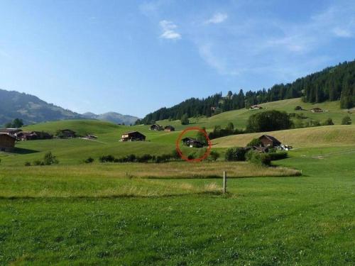 a red object in a field of green grass at Apartment Aerneli- Chalet by Interhome in Gstaad