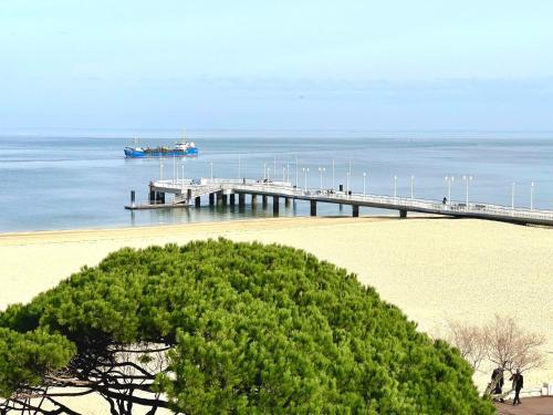 - une jetée sur la plage avec un bateau dans l'eau dans l'établissement Apartment Claire-2 by Interhome, à Arcachon