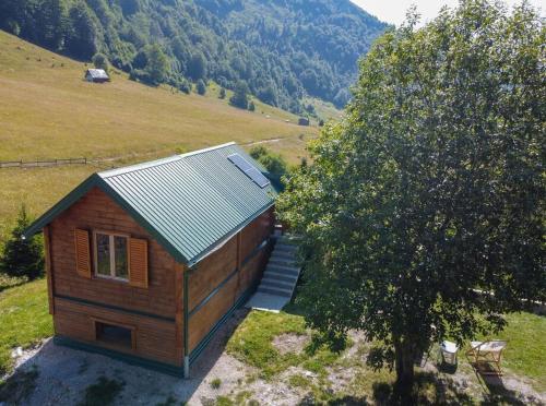 mały drewniany dom na wzgórzu z drzewem w obiekcie Green Cottage Nikola 