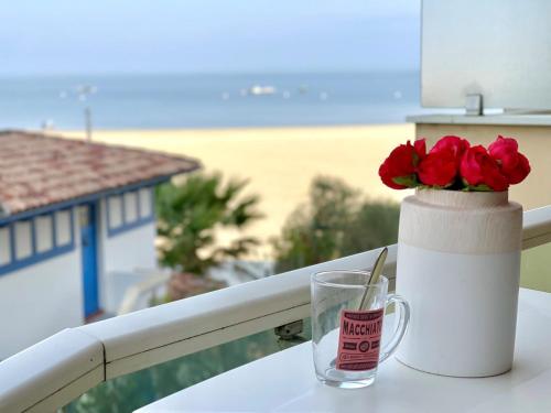 un vase avec des roses sur un balcon avec un verre dans l'établissement Studio Joséphine-2 by Interhome, à Arcachon