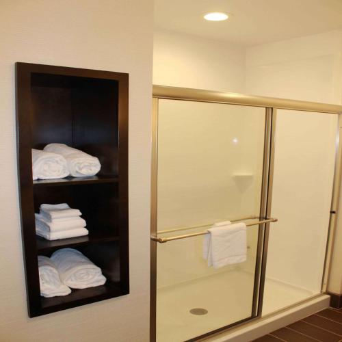 a bathroom with a glass shower stall with towels at Hampton Inn & Suites Stroudsburg Bartonsville Poconos in Stroudsburg
