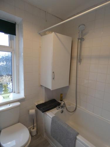uma casa de banho com um WC, um lavatório e um chuveiro em Comfy 3 Bedroom Cottage in a Calm Location em Abertillery