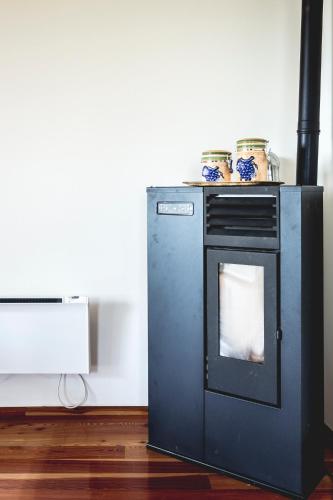 a small blue refrigerator with a bowl on top of it at Terasse Jeruzalem Apartments in Hermanci