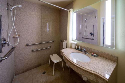 a bathroom with a sink and a shower and a mirror at La Quinta by Wyndham Houston New Caney in New Caney