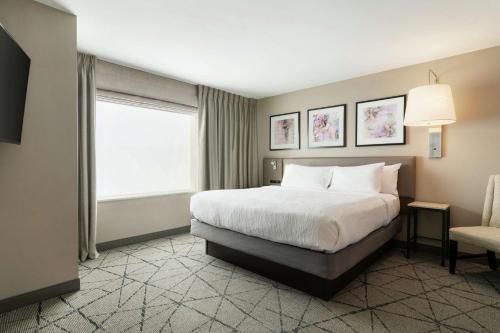 a bedroom with a bed and a window and a chair at Hilton Garden Inn Springfield in Springfield