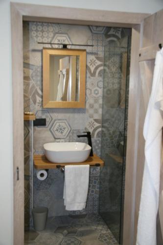 a bathroom with a sink and a mirror at Terasse Jeruzalem Apartments in Hermanci