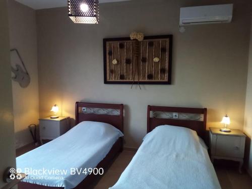 two beds in a room with two lamps and a window at Villa Real Paradise Kalamos Evia in Trikovilón