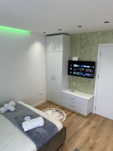 um quarto com uma cama e uma televisão na parede em Luxury Apartment Tirana em Tirana