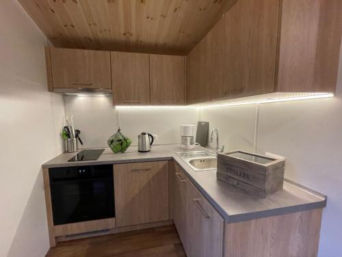 una pequeña cocina con armarios de madera y encimera en Holiday Home Heike by Interhome, en Wemding