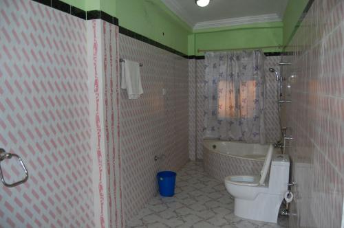 a bathroom with a toilet and a bath tub at Siddhartha Guest House in Lumbini