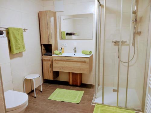 a bathroom with a sink and a shower at Ferienwohnung Familie Fiechtl in Fügenberg