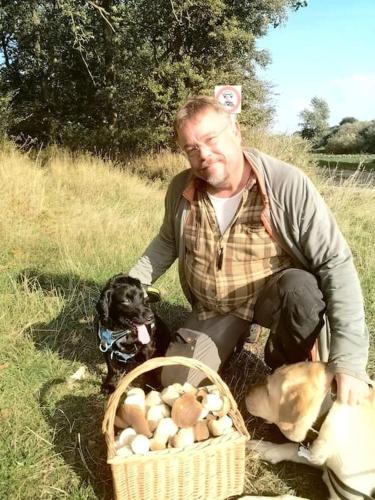 a man kneeling next to a basket of eggs and a dog at Klintgarden in Martofte
