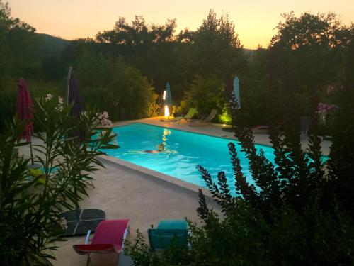 une piscine dans une cour avec une personne dans l'eau dans l'établissement GÉRARD L’HERMITE, à Figanières