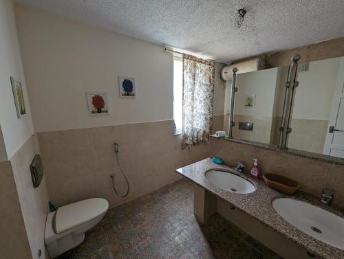 ein Badezimmer mit zwei Waschbecken, einem WC und einem Spiegel in der Unterkunft Sandy toes 2 bhk facing paddy field , pool available and walking distance to beach in Varca