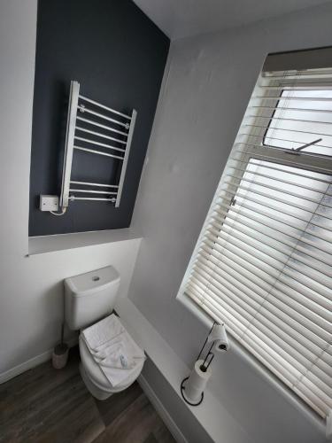 a white bathroom with a toilet and a window at St Georges Guest House in St Peter Port
