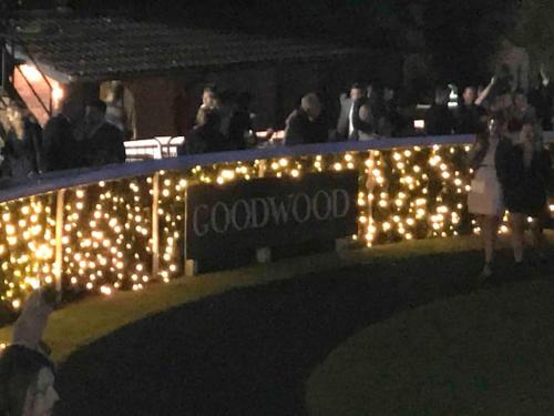 Ein Schild, auf dem gutes Holz steht mit Lichtern an einem Zaun. in der Unterkunft Chillout!! Sussex Flint Cottage- HotTub - Goodwood in Eartham