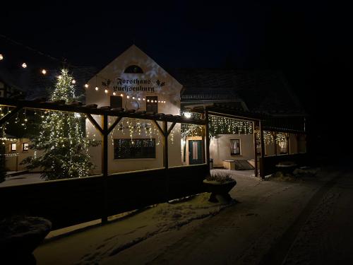 a lit up building with a christmas tree and lights at Forsthaus Luchsenburg in Ohorn