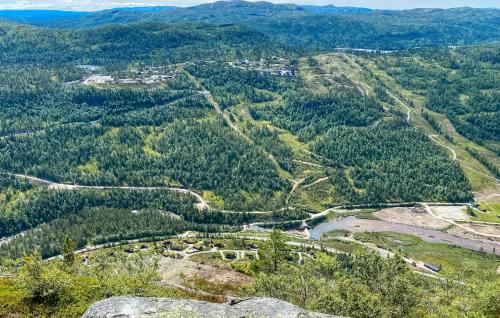 an aerial view of a valley with trees and a river at 4 Bedroom Awesome Home In Rysstad in Rysstad