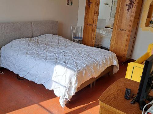 a bedroom with a bed and a mirror and a desk at Gîte Ruillé-sur-Loir, 4 pièces, 8 personnes - FR-1-410-134 in Ruillé-sur-Loir