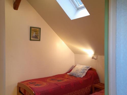 una camera con un letto in una stanza con un lucernario di Maison troglodytique avec WiFi, barbecue et cheminée - FR-1-410-156 a Aubigné-Racan