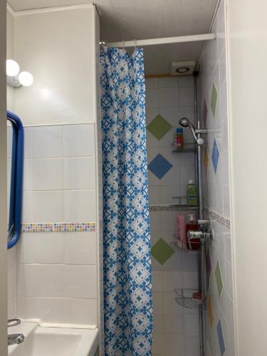 La salle de bains est pourvue d'une douche avec un rideau de douche bleu. dans l'établissement Villa Magali idéale JO 2024, à Villejuif